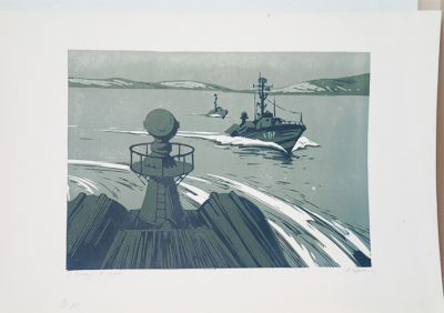 Черно-белая линогравюра "Выход в море" из серии "Заполярье". График Виктор Щербаков