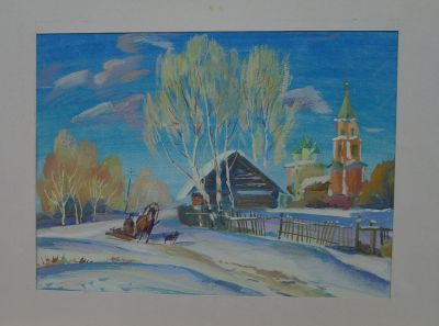 Акварельный пейзаж "Зима". Ельцев Валерий Алексеевич,1949 год