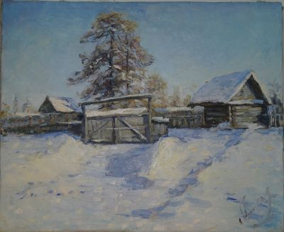 Картина маслом "Зима в деревне", 1970-е годы